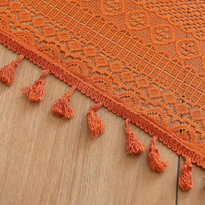 Sutuo Home Boho Curtains for Bedroom Living Room Kitchen,Crochet Lace Sheer Bohemian Hollow with Tassels,Window Treatment Drapes for Halloween Decor, Rod Pocket 1 Panel 59" W x 96" L, Burnt Orange