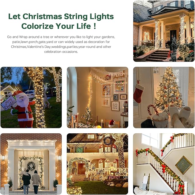 YOUNGAR Christmas Lights, Clear Outdoor Lights,2 Pack 23FT 100 Green Wire Light Connectable Incandescent Mini Light, Approved Tree Lights for Xmas Home Patio Holiday Party Garden Decor(Warm White)