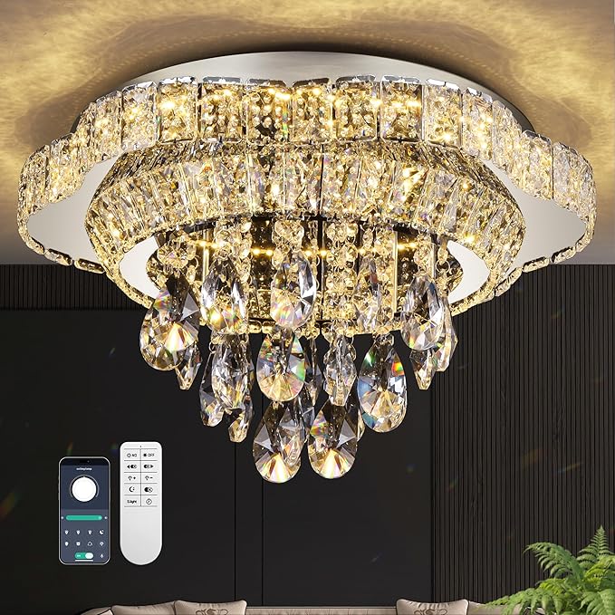 Silver 18" Modern Flush Mount Chandelier for Bedroom, LED Crystal Ceiling Light Over Table,Elegant Dining Room Lighting Fixture with Remote Control, 3CCT Dimmable