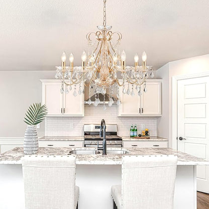 Saint Mossi Gold Crystal Chandelier for Dining Room, 8-Light Modern Chandelier Pendant Light, Gold Crystal Raindrop Chandelier for Bedroom, Living Room, Foyer