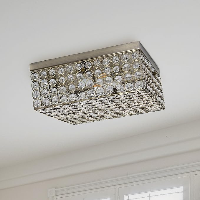 Elegant Designs FM1004-ABS Elipse Crystal 12 Inch Modern Metal 2 Light Squared Ceiling Flush Mount Fixture, Antique Brass