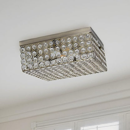 Elegant Designs FM1004-ABS Elipse Crystal 12 Inch Modern Metal 2 Light Squared Ceiling Flush Mount Fixture, Antique Brass