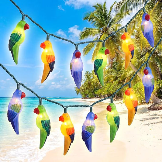 8.5Ft Parrot Outdoor String Lights, LED Tropical Themed Patio Lights with 10 Multicolor Birds Lights, Plug in Hanging Fairy String Lights for Backyard Summer Camp Window Decor Gift