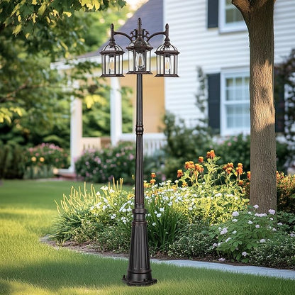 Aluminum Outdoor Lamp Post Birdcage, Hardwired Street Light for Outside, 3-Head Pole Light Modern Lamp Post Outdoor Lighting with Clear Glass Panels for Garden Patio Backyard Walkway Driveway