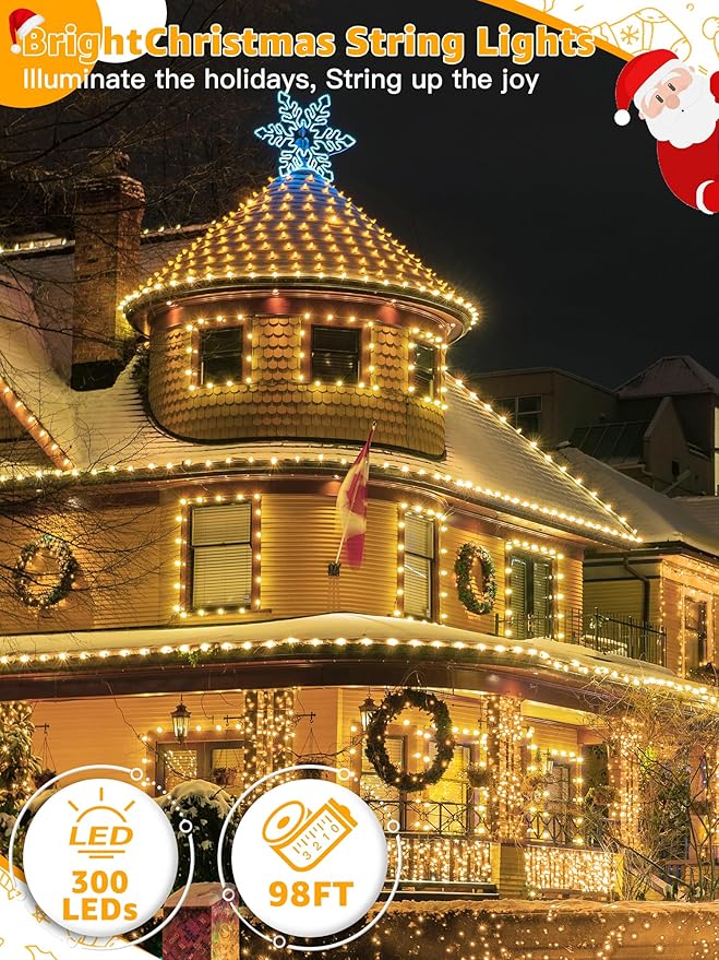 BrightChristmas 300 LED 98 FT Christmas Lights, Waterproof Outdoor String Lights with Remote and Timer, Christmas Tree Lights with 8 Modes Dimmable, Fairy Lights for Holiday Decor (Warm White)