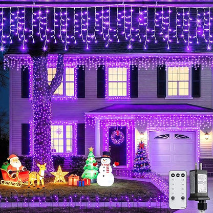 JMEXSUSS Purple Christmas Icicle Lights, 38.8 FT 400 LED Icicle Light Outdoor Waterproof, 8 Modes Purple Halloween Lights with 80 Drops Plug in for House Christmas Party Decorations