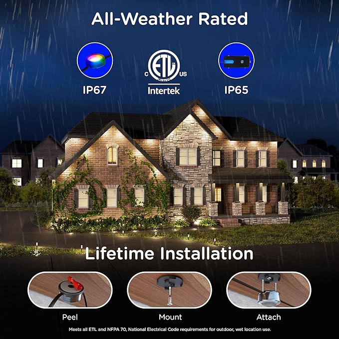 Enbrighten Vibe Eternity Accent Permanent Outdoor Lights for House, 150ft, 36 RGBWIC LEDs, Wide Spacing, 94lm, Tunable White, Everyday Eave Lighting, Smart App, Works with Alexa, Google Home, 85716