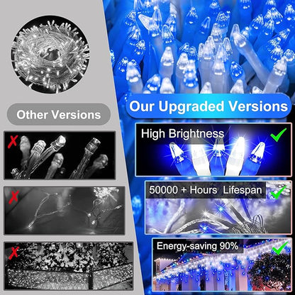 810LED 82FT Christmas Lights, 180Drops 12 Modes Christmas String Lights Outdoor Brightness, Waterproof Christmas Decoration Fairy Lights with Timer Memory for Party Patio Window Fence Blue & CoolWhite