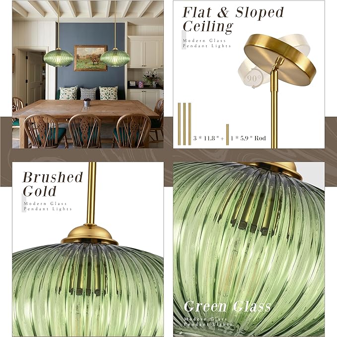 10" Green Glass Modern Pendant Light Kitchen Island Brushed Gold Mid Century Modern Pendant Lighting with Clear Green Glass Hanging Pendant Light for Dining Room（Bulb Incl.）