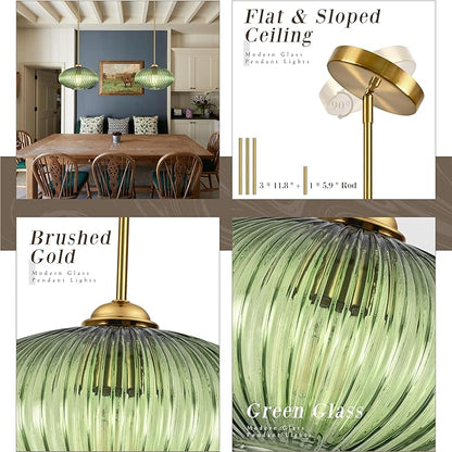 10" Green Glass Modern Pendant Light Kitchen Island Brushed Gold Mid Century Modern Pendant Lighting with Clear Green Glass Hanging Pendant Light for Dining Room（Bulb Incl.）