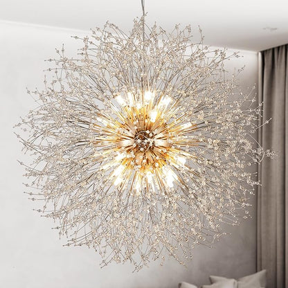Modern Firework Chandelier, 24 Lights Gold Sputnik Crystal Chandelier, Large Dandelion High Ceiling Light Fixture for Foyer Hallway Entryway Living Room
