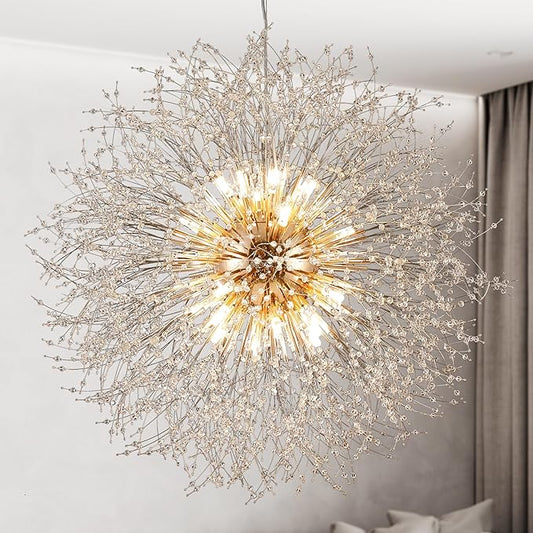Modern Firework Chandelier, 24 Lights Gold Sputnik Crystal Chandelier, Large Dandelion High Ceiling Light Fixture for Foyer Hallway Entryway Living Room