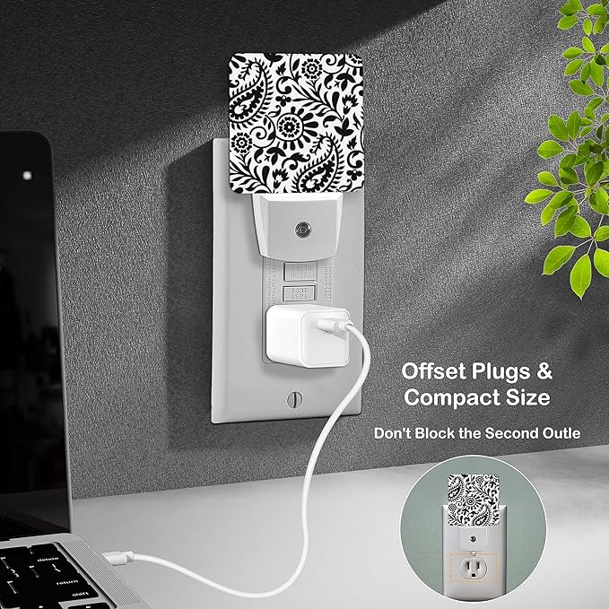 LED Night Light Lamp with Smart Sensor Dusk to Dawn Sensor,Paisley Black White Night Light Daylight White,0.5W Plug-into Wall for Adults,Bedroom,Bathroom,Hallway,Kitchen