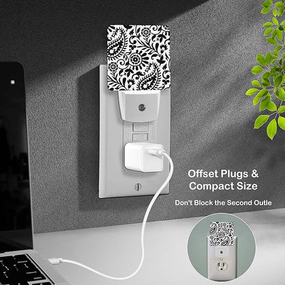 LED Night Light Lamp with Smart Sensor Dusk to Dawn Sensor,Paisley Black White Night Light Daylight White,0.5W Plug-into Wall for Adults,Bedroom,Bathroom,Hallway,Kitchen