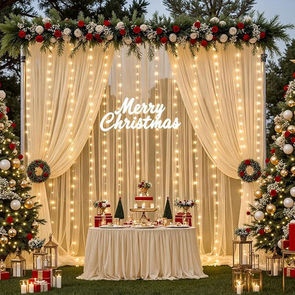 Champagne Tulle Backdrop Curtain with Lights String for Parites Wedding 5x8ft Champagne Sheer Backdrop Curtains for Bridal Shower Baby Shower Birthday Party Photo Booth Background Decorations