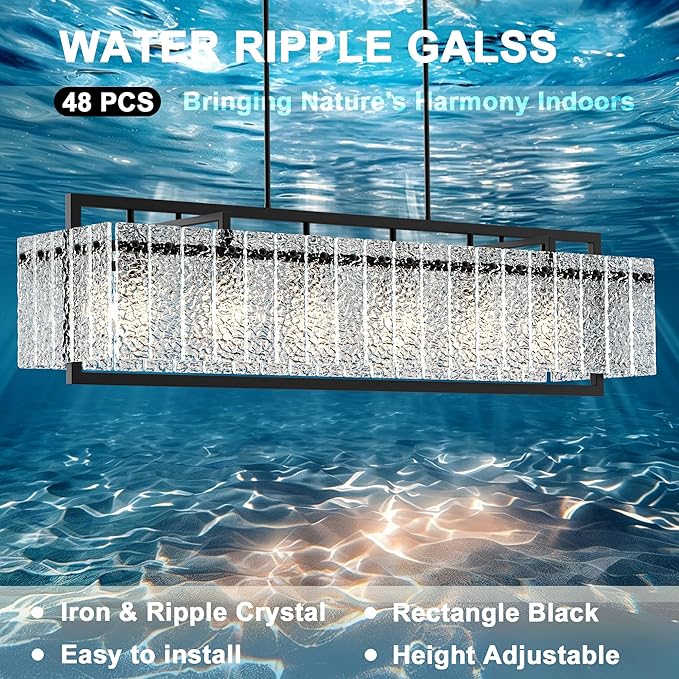 Modern Rectangle Black Crystal Chandeliers for Dining Room, 42" Large Rectangular Water Ripple Glass Island Light Fixture, Linear Farmhouse Lighting for Kitchen Island, Living Room
