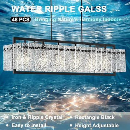 Modern Rectangle Black Crystal Chandeliers for Dining Room, 42" Large Rectangular Water Ripple Glass Island Light Fixture, Linear Farmhouse Lighting for Kitchen Island, Living Room