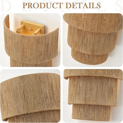 Set of 2 Hand Woven Rattan Wall Sconces 3 Round Transitional Minimalist Boho Wall Lights Coastal Wall Lamp for Bedside Hallway Vanity Stairway Fireplace Living Room, UL Listed