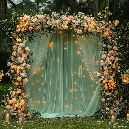 Fomcet Tulle Curtains with Lights String Green 10FT X 8FT Sheer Backdrop Curtains for Parties Wedding Baby Shower Photo Shoot Decorations (2 Panels 5x8FT)