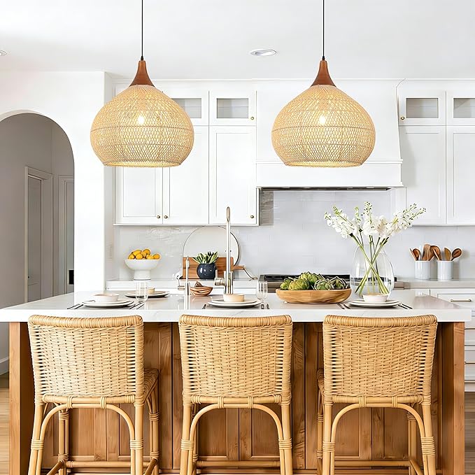20" Large Rattan Pendant Light, Rattan Chandelier Hand-Woven Boho Pendant Light Fixtures with Solid Wood, Basket Wicker Chandelier for Dining Room Kitchen Island Living Room