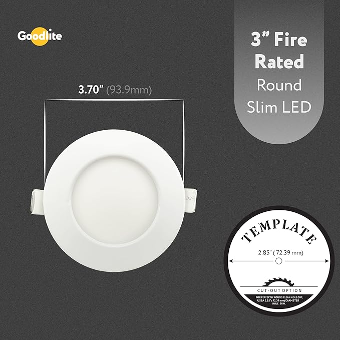 Goodlite 3-inch LED Fire-Rated, Round Slim - Recessed 8W Downlight, 120-277V, CRI 90+, ETL Listed, Dimmable Triac & 0-10V, 600 Lumens, 5CCT 27K-30K-35K-41K-50K, 50k Hr, Equal to 50W, 1ct (G-96921)