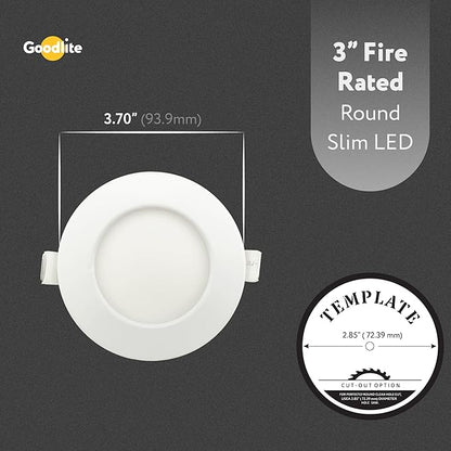 Goodlite 3-inch LED Fire-Rated, Round Slim - Recessed 8W Downlight, 120-277V, CRI 90+, ETL Listed, Dimmable Triac & 0-10V, 600 Lumens, 5CCT 27K-30K-35K-41K-50K, 50k Hr, Equal to 50W, 1ct (G-96921)
