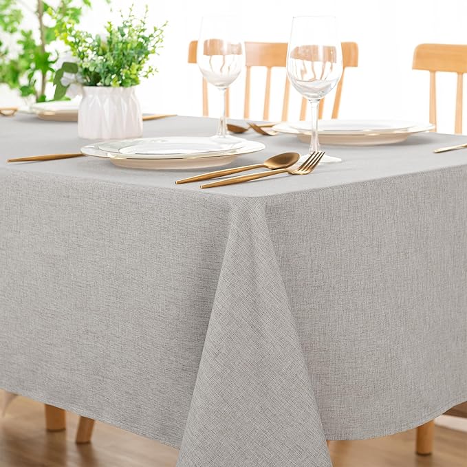 DWCN Faux Linen Tablecloth Rectangle - Fabric Waterproof Spill-Proof Wrinkle and Stain Resistant Tablecloths Decorative Farmhouse Table Cover for Kitchen Dining Party, 54 x 80 Inch, Light Grey