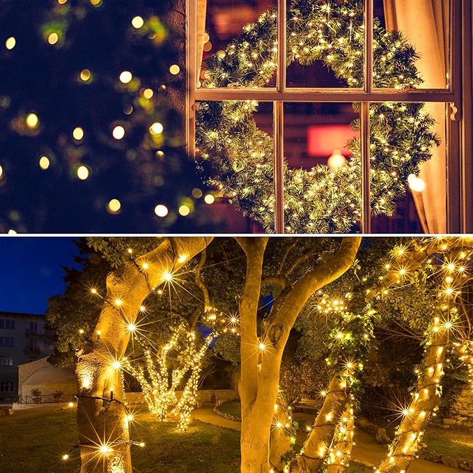 Flechllary Solar String Lights Outdoor Waterproof，39Ft 100 LED Solar String Lights with 8 Modes ，Solar Christmas Lights Outdoor for Yard, Fence, Balcony, Party,Christmas Tree Decorations (Warm White)