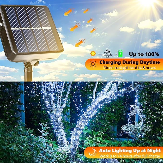 Joomer Solar String Lights, 39FT 100LED Solar Powered Outdoor Fairy Lights, Waterproof 8 Modes Twinkle String Light for Garden Patio Yard Tree Wedding Christmas Decor (White)