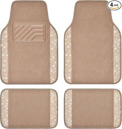 CAR PASS Bling Car Mats Shining Diamond Carpet Crystal Rhinestones Sparkly Glitter Floor Mats with Anti-Slip PVC Heel Pad Universal Fit for Automotive SUV, Sedan, Car, Van, 4pcs for Girl Women, Beige