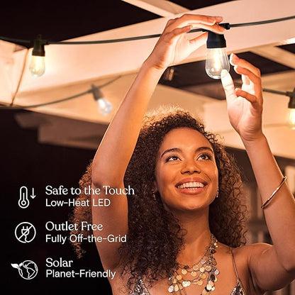 Brightech Ambience Hybrid Outdoor String Lights - Dual Plug and Solar Powered Waterproof LED Light String for Outside - Dimmable Soft White Edison Bulbs for Camping, Patio, Cafe, Yard - 48ft, 4W
