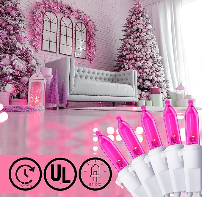 Holiday Essence Pink LED Christmas Lights 100 Mini Fairy Valentine's Day String Lights White Wire 26.9 Ft Outdoor Indoor Traditional Holiday Decor, Christmas Tree, Bedroom, Patio, Wedding Decorations