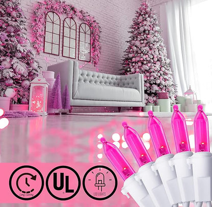 Holiday Essence Pink LED Christmas Lights 100 Mini Fairy Valentine's Day String Lights White Wire 26.9 Ft Outdoor Indoor Traditional Holiday Decor, Christmas Tree, Bedroom, Patio, Wedding Decorations
