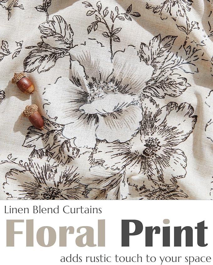 jinchan Floral Linen Tier Curtains 36 Inch Farmhouse Cafe Curtains Tie Top Botanic Drapes for Small Windows Over Sink for Kitchen Country Rustic Laundry Room Bathroom RV 2 Panels Black on Beige