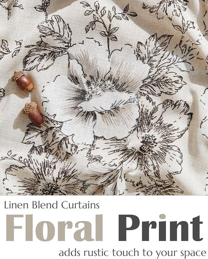 jinchan Floral Linen Tier Curtains 36 Inch Farmhouse Cafe Curtains Tie Top Botanic Drapes for Small Windows Over Sink for Kitchen Country Rustic Laundry Room Bathroom RV 2 Panels Black on Beige