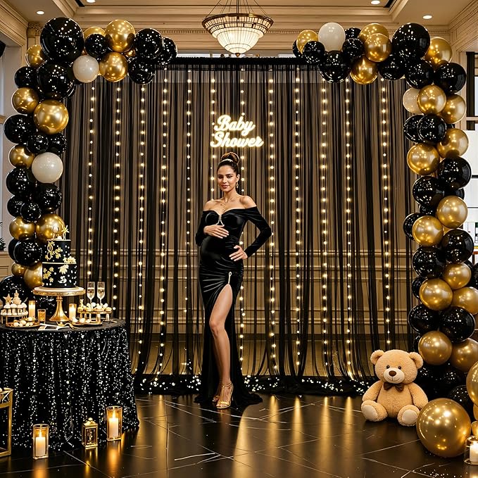 10×12ft Black Sheer Backdrop Curtains with Lights String for Parties Birthday Black Tulle Backdrop Curtain for Baby Shower Wedding Graduation Halloween Party Photo Shoot Decorations 2 Panels 5×12ft