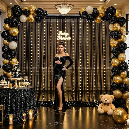 10×12ft Black Sheer Backdrop Curtains with Lights String for Parties Birthday Black Tulle Backdrop Curtain for Baby Shower Wedding Graduation Halloween Party Photo Shoot Decorations 2 Panels 5×12ft