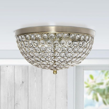 Elegant Designs FM1000-ABS Elipse Crystal 13 Inch Modern Metal 2 Light Bowl Shaped Ceiling Flush Mount Fixture, Antique Brass