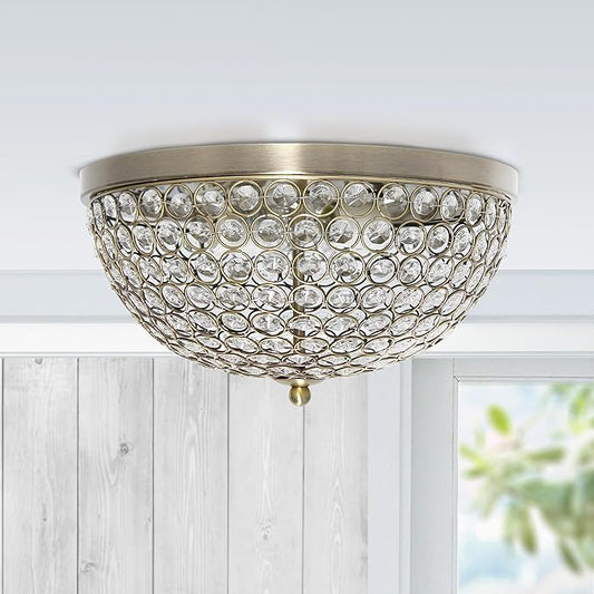 Elegant Designs FM1000-ABS Elipse Crystal 13 Inch Modern Metal 2 Light Bowl Shaped Ceiling Flush Mount Fixture, Antique Brass