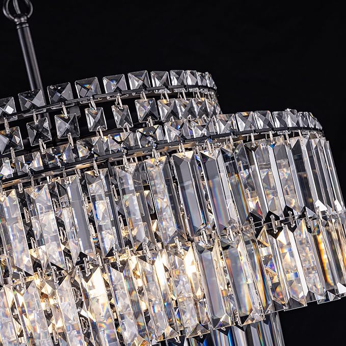 TOCHIC Black Modern Crystal Chandelier,2-Tier Round Height Adjustable Ceiling Light Fixture for Dining Room Living Room Bedroom Kitchen Foyer