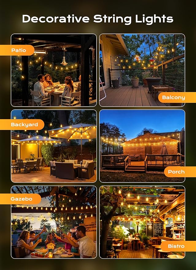 Brightown Outdoor String Lights, 200FT 64+2 LED ST38 LED Patio Lights Shatterproof, Dimmable IP65 Waterproof Connectable Hanging Outdoor Light for Backyard, Porch, Deck, Balcony