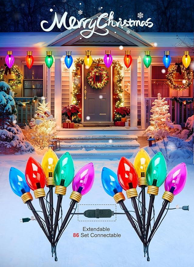 Super Jumbo C9 Christmas Pathway Lights Outdoor - 2 Pack Total 22FT 10 LED C9 Walkway Light, Multicolor Christma Decoration Outside, Giant Christmas Lights Outdoor for Lawn Holiday Yard