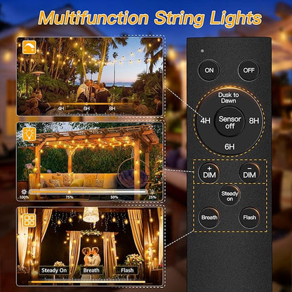 Ollny S11 Outdoor String Lights with Remote, 30 FT 3 Modes Dimmable Timers Waterproof Connectable Patio Lights, 15+1 LED Spare Bulb Dusk to Dawn Hanging Light for Indoor Porch Balcony Cafe