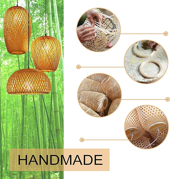 Bamboo Light Fixtures, 3 Headlights E26 E27 Retro Rustic Bamboo Wicker Rattan Chandelier Ceiling Hanging Light for Living Room Bedroom Farmhouse Restaurant Cafe Teahouse Bar Dining Room Club