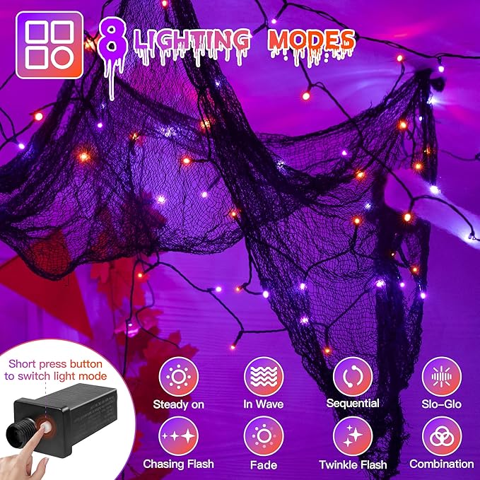Guhope 66FT 200 LED Halloween Lights, Orange + Purple Halloween Lights Outdoor with 8 Lighting Modes, Waterproof String Lights for Halloween Christmas Outdoor Party Yard Garden Decoration