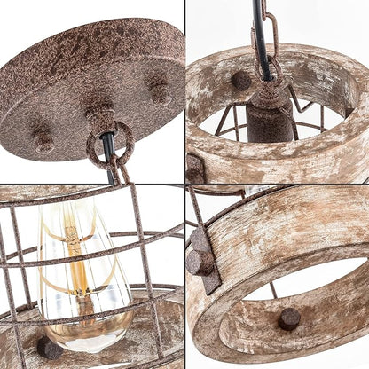 Retro Industrial Metal and Wood Chandelier 1-Light Round Cage Pendant Light Fixture for Kitchen Island Foyer Hallway Bar Dining Room Restaurant, D 7.8" x H 8.58" (White Brown)