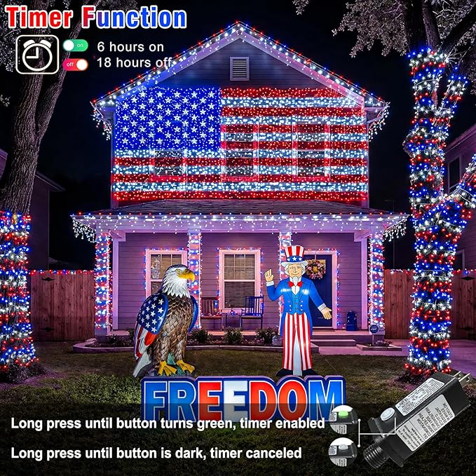 Red White and Blue String Lights, 66FT 200 LED 4th of July Lights Outdoor Waterproof with 8 Modes, Twinkle Fairy Light for Indoor Independence Memorial Day House Holiday Decorations