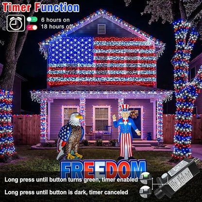 Red White and Blue String Lights, 66FT 200 LED 4th of July Lights Outdoor Waterproof with 8 Modes, Twinkle Fairy Light for Indoor Independence Memorial Day House Holiday Decorations