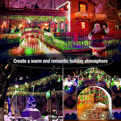 KNONEW 99ft 1216 LED Christmas Lights Outdoor Decorations with 228 Drops, 8 Modes Curtain Fairy Light, Clear Wire LED String Light Decor for Wedding Party Christmas (Red and Green)