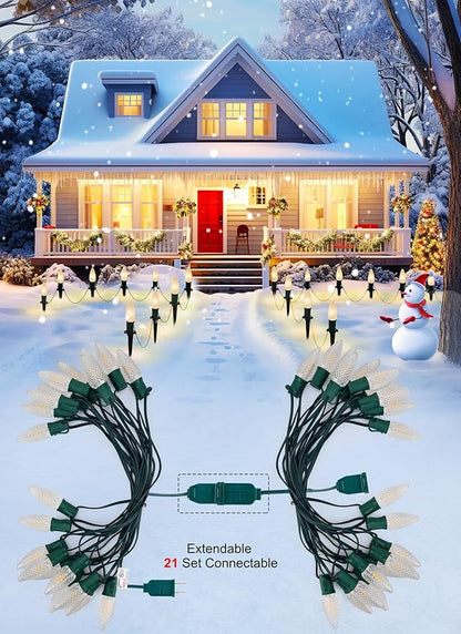 C9 Christmas String Lights Outdoor - 20 LED Pathway Light with Strawberry Shell and Stake Connectable Warm White High Voltage Waterproof for Driveways Xmas Holiday Patio Decoration